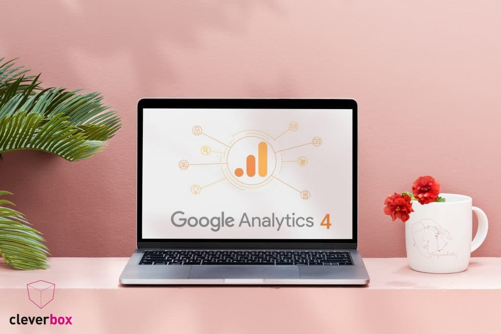 A picture of a school laptop with the Google Analytics logo on it