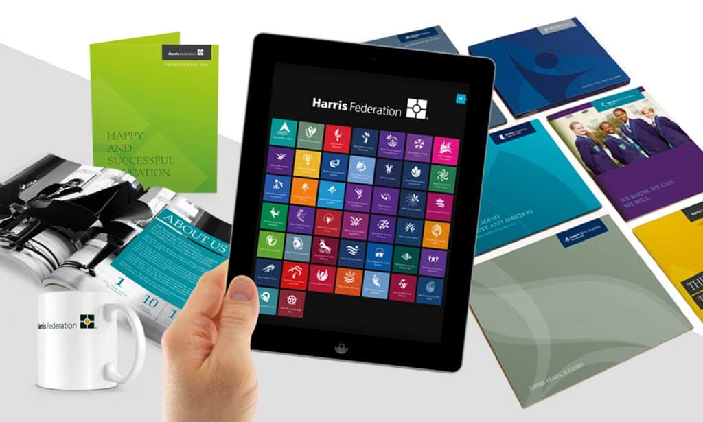 A tablet graphic of the Harris federation multi academy trust academies list.