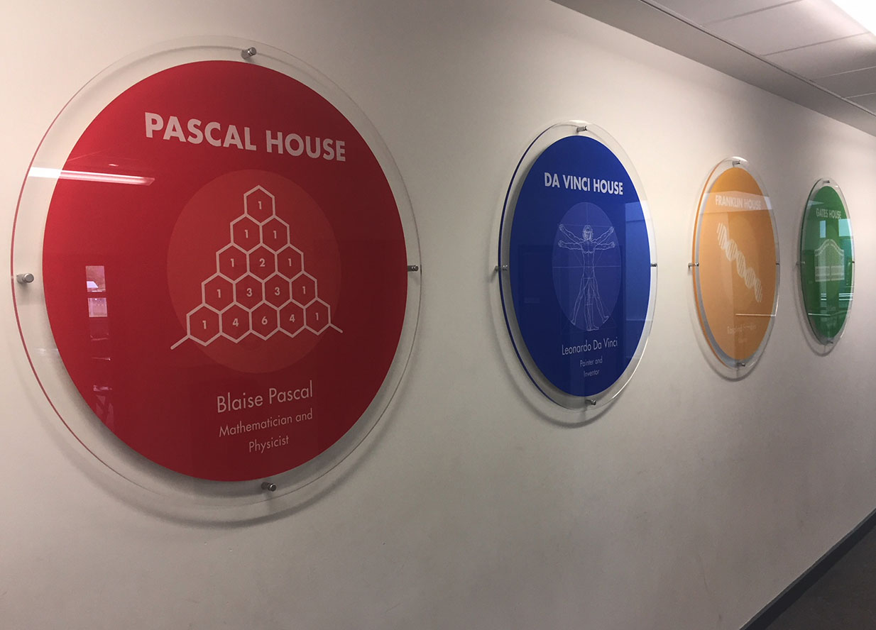 Famous mathematicians shown on different school signs