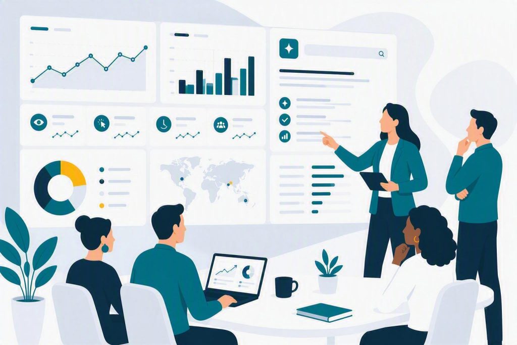 Business team reviewing website visibility and AI-powered search performance.