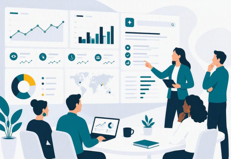 Business team reviewing website visibility and AI-powered search performance.